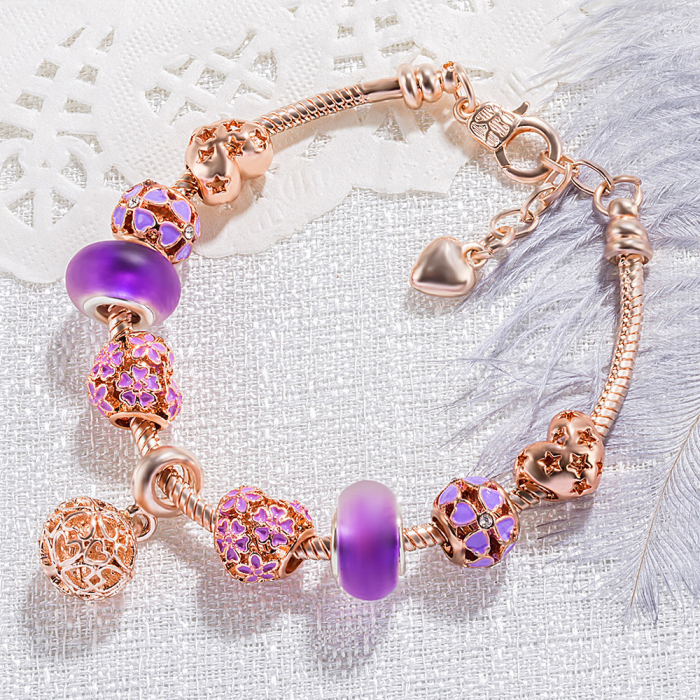 Bratara de dama cu charmuri flori si stelute, placata cu aur 18K, marime reglabila 17cm cu extensie 4 cm, mov si rose gold [2]