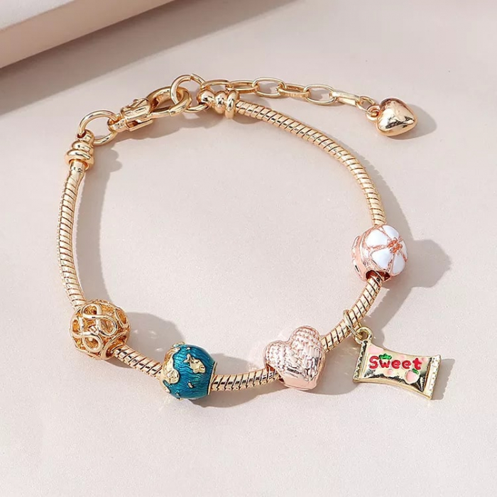 Bratara de dama cu charmuri in forma de punguta cu dulciuri si inimioara, placata cu aur 18K, marime reglabila 17cm cu extensie 4 cm, auriu, Tessero [3]