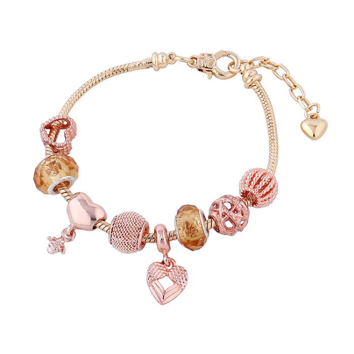Bratara de dama cu charmuri inimioare, placata cu aur 18K, marime reglabila 17cm+4, rose gold [2]