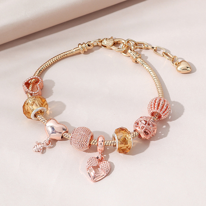 Bratara de dama cu charmuri inimioare, placata cu aur 18K, marime reglabila 17cm+4, rose gold [1]