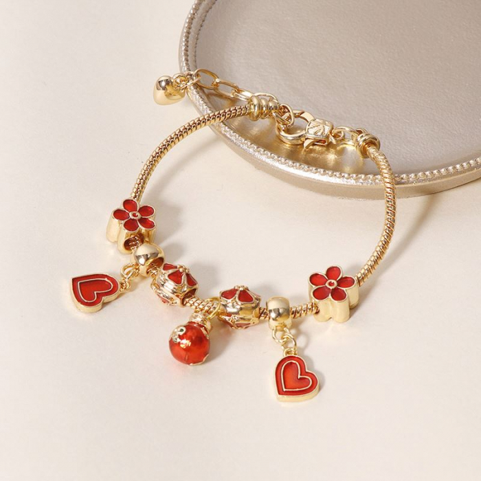 Bratara de dama cu charmuri inimioare si flori, placata cu aur 18K, marime reglabila 17cm+4, auriu [3]