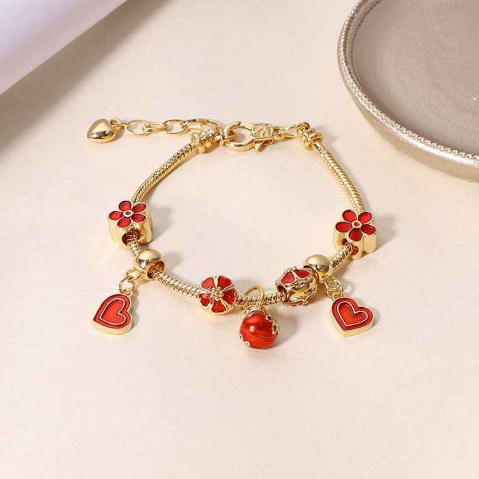 Bratara de dama cu charmuri inimioare si flori, placata cu aur 18K, marime reglabila 17cm+4, auriu [4]