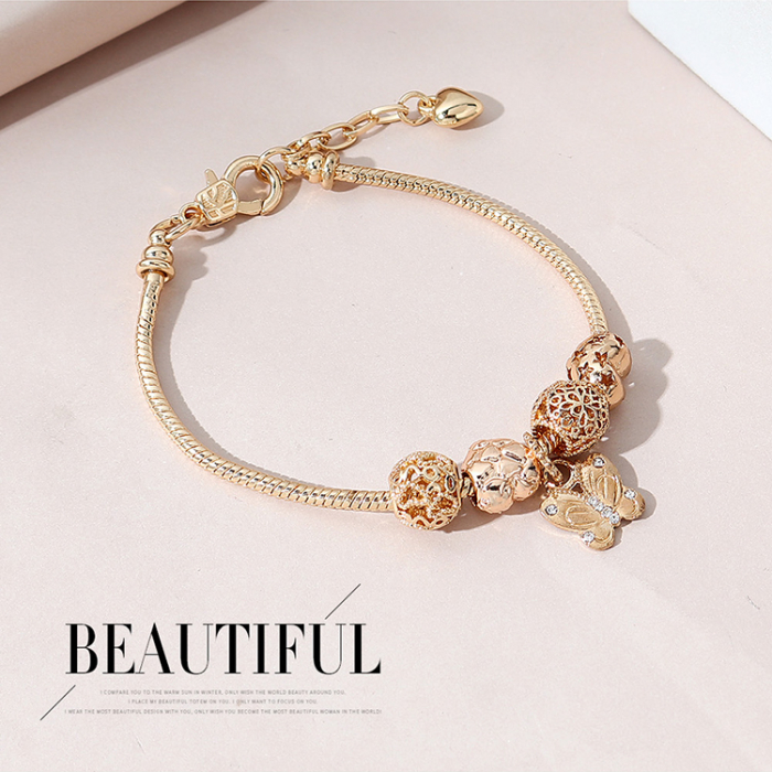 Bratara de dama cu charmuri, model cu fluture, pietre zirconiu, placata cu aur 18K, marime reglabila 17cm cu extensie, auriu [2]