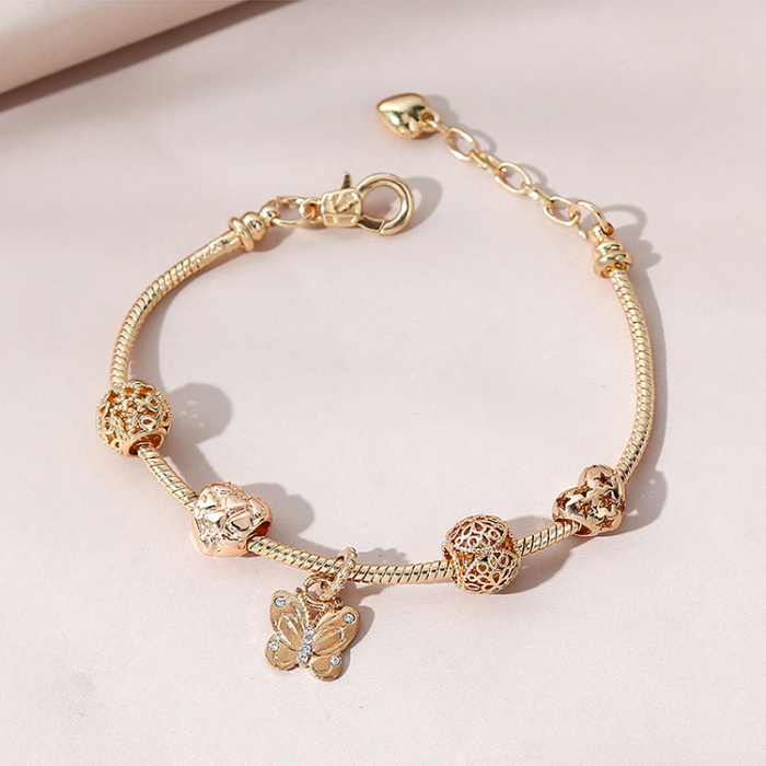 Bratara de dama cu charmuri, model cu fluture, pietre zirconiu, placata cu aur 18K, marime reglabila 17cm cu extensie, auriu [3]
