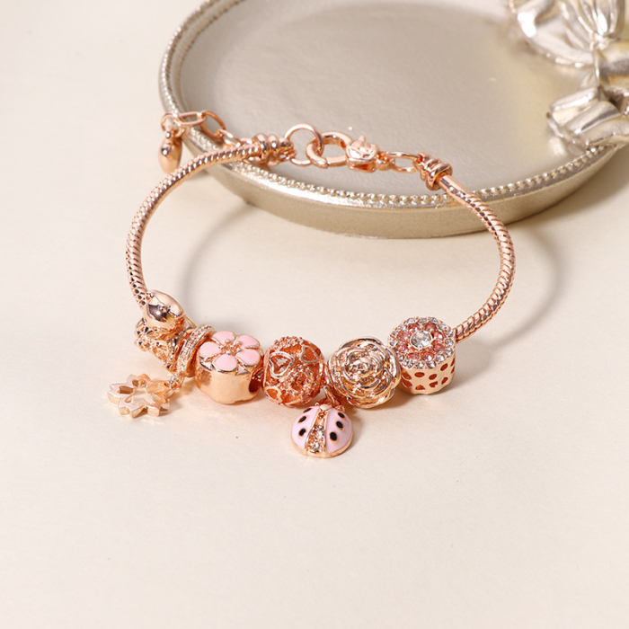 Bratara de dama cu charmuri, model floral, buburuza, placata cu aur 18K, marime reglabila 17cm+4, pietre zirconiu, rose gold [4]