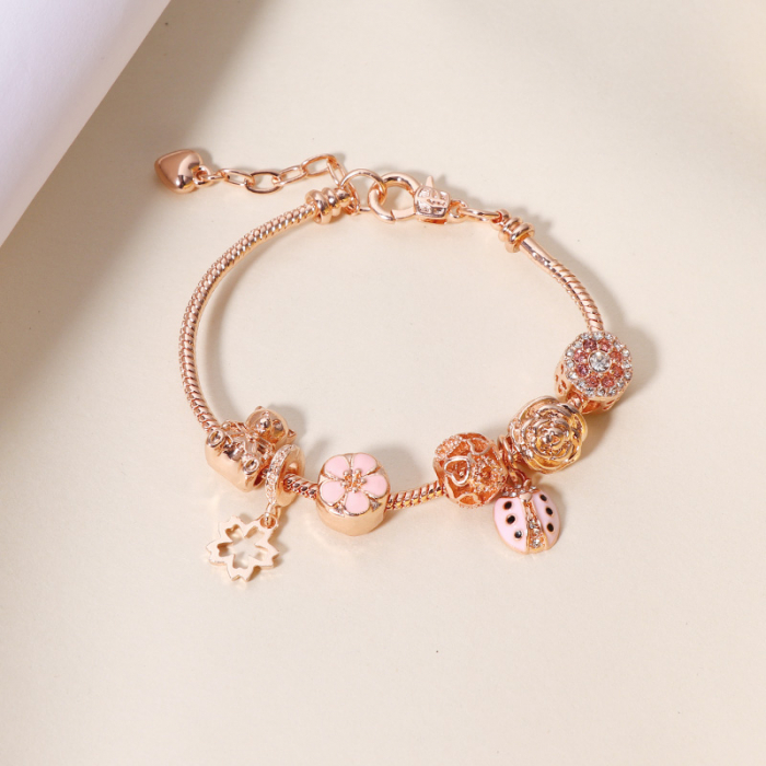 Bratara de dama cu charmuri, model floral, buburuza, placata cu aur 18K, marime reglabila 17cm+4, pietre zirconiu, rose gold [3]