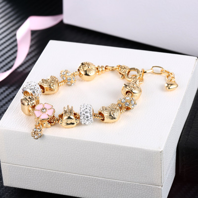 Bratara de dama cu charmuri , model floral, pietre zirconiu, placata cu aur 18K, marime reglabila 17cm cu extensie 4 cm, auriu [3]