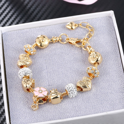 Bratara de dama cu charmuri , model floral, pietre zirconiu, placata cu aur 18K, marime reglabila 17cm cu extensie 4 cm, auriu [2]