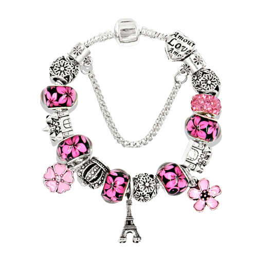 Bratara de dama cu charmuri mov Turnul Eiffel, model floral, placata cu argint, marime 18 cm, argintiu [1]