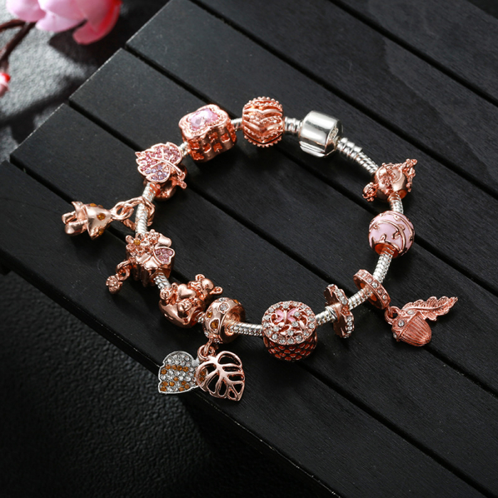 Bratara de dama cu charmuri rose gold, pietre zirconiu, placata cu argint, marime 18 cm, argintiu [2]