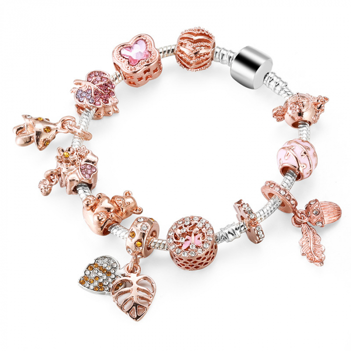 Bratara de dama cu charmuri rose gold, pietre zirconiu, placata cu argint, marime 18 cm, argintiu [3]