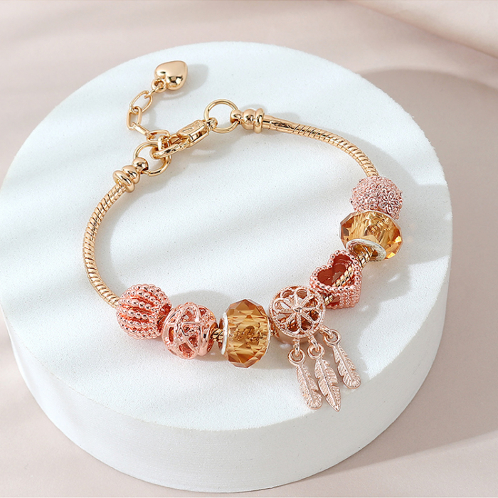 Bratara de dama cu charmuri , tip Pandora, placata cu aur 18K, marime reglabila 17cm cu extensie 4 cm, auriu si rose gold [2]