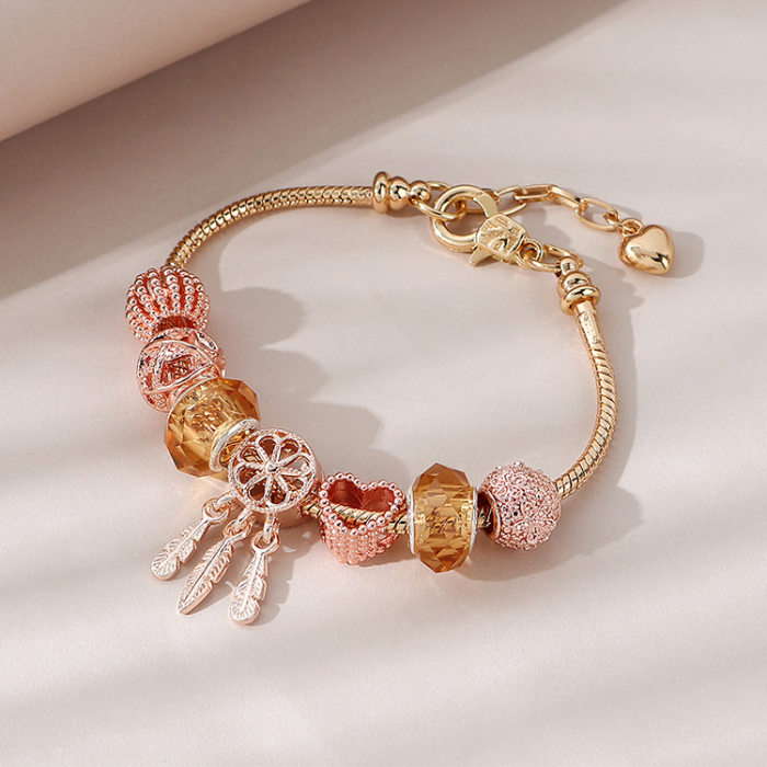 Bratara de dama cu charmuri , tip Pandora, placata cu aur 18K, marime reglabila 17cm cu extensie 4 cm, auriu si rose gold [4]