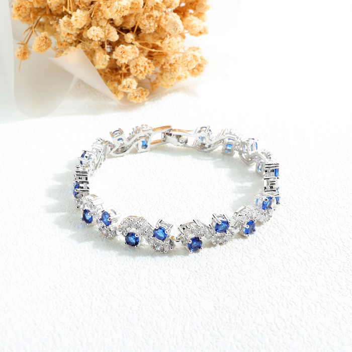 Bratara de dama cu pietre din zirconiu si cristale cu efect de Sapphire, placat cu argint, Tessero, 17 cm, inchidere clips, argintiu si albastru [3]