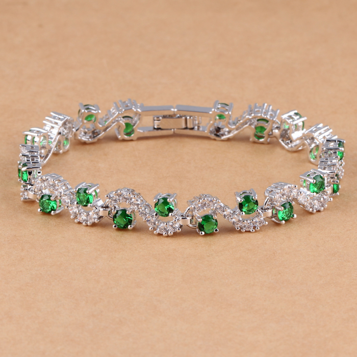 Bratara de dama cu pietre din zirconiu si cristale cu efect de Sapphire, placat cu argint, Tessero, 17 cm, inchidere clips, argintiu si verde [2]