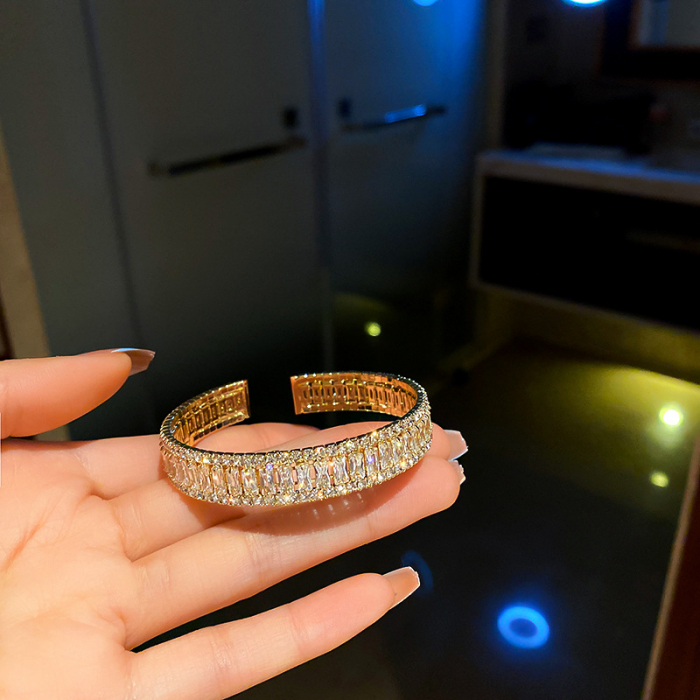 Bratara de dama cu strasuri tip Bangle fixa, pietre zirconiu, reglabila, placata cu aur 18K, auriu [2]