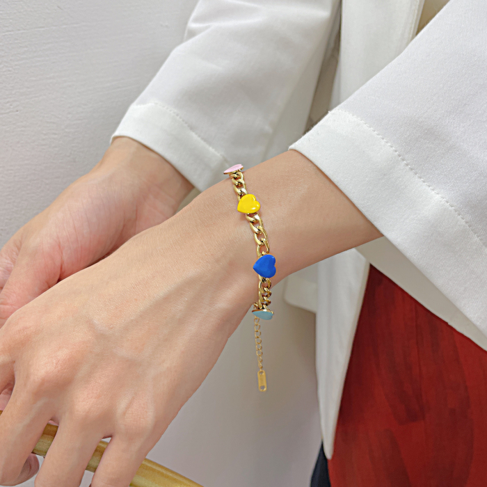 Bratara de dama Cuban Chain cu charm-uri in forma de inima multicolore, otel inoxidabil,, placat cu aur 18K, 16+5 cm extensie, Tessero, auriu [2]