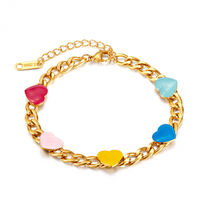Bratara de dama Cuban Chain cu charm-uri in forma de inima multicolore, otel inoxidabil,, placat cu aur 18K, 16+5 cm extensie, Tessero, auriu [4]
