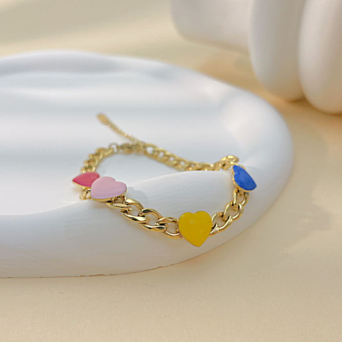 Bratara de dama Cuban Chain cu charm-uri in forma de inima multicolore, otel inoxidabil,, placat cu aur 18K, 16+5 cm extensie, Tessero, auriu [1]