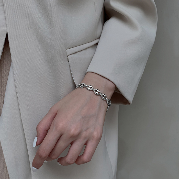 Bratara de dama din lant, model rotund in forma de boaba de cafea, placat cu aur 18K, marime reglabila prin extensie, unisex, Tessero, argintiu [2]