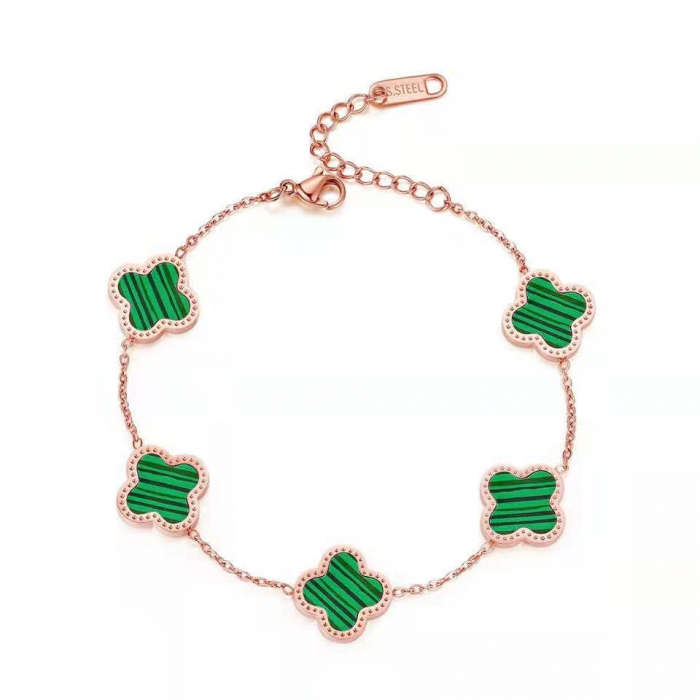 Bratara de dama din otel inoxidabil, model trifoi cu patru foi, reglabila, placat cu aur 18K, verde [1]