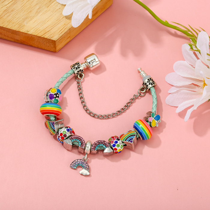 Bratara de dama din piele cu charm-uri, model in forma de curcubeu, placat cu argint, inchidere clips, lantisor de siguranta, marime 18 cm, Tessero, multicolor [1]