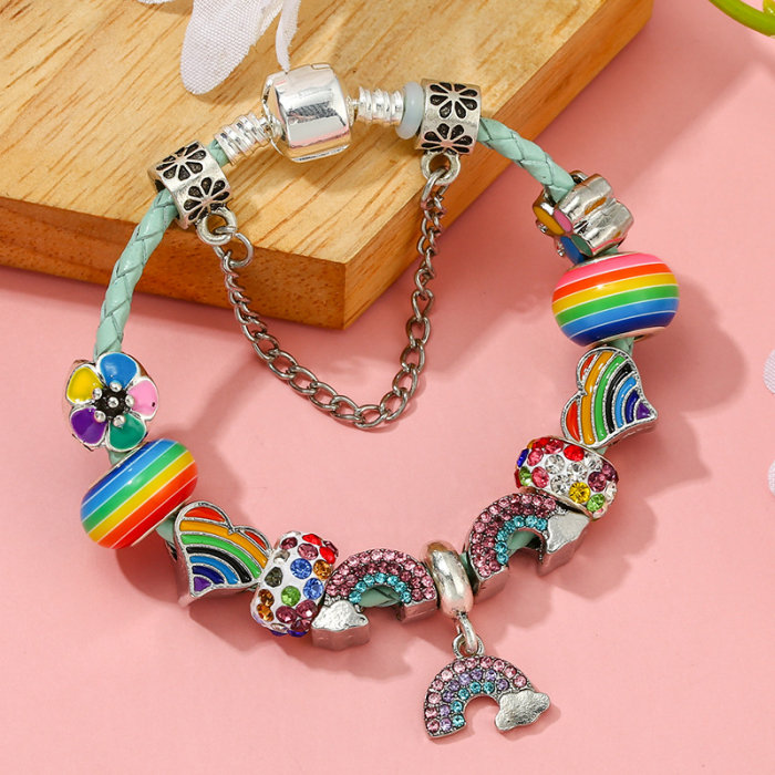 Bratara de dama din piele cu charm-uri, model in forma de curcubeu, placat cu argint, inchidere clips, lantisor de siguranta, marime 18 cm, Tessero, multicolor [2]