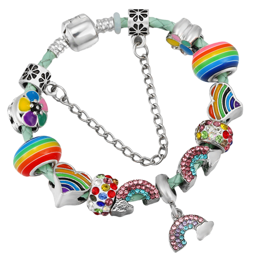 Bratara de dama din piele cu charm-uri, model in forma de curcubeu, placat cu argint, inchidere clips, lantisor de siguranta, marime 18 cm, Tessero, multicolor [3]
