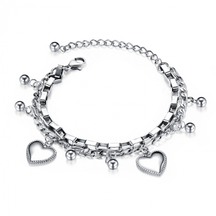 Bratara de dama dubla cu charm-uri in forma de inima, otel inoxidabil, design cubic, placat cu argint, 17+5 cm extensie, Tessero, argintiu [2]