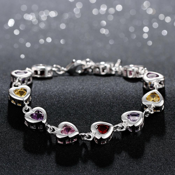 Bratara de dama eleganta, model in forma de inimioare cu pietre ziconiu cu efect de Safir diferite culori, marime reglabila, placat cu argint 925, Tessero, argintiu [1]