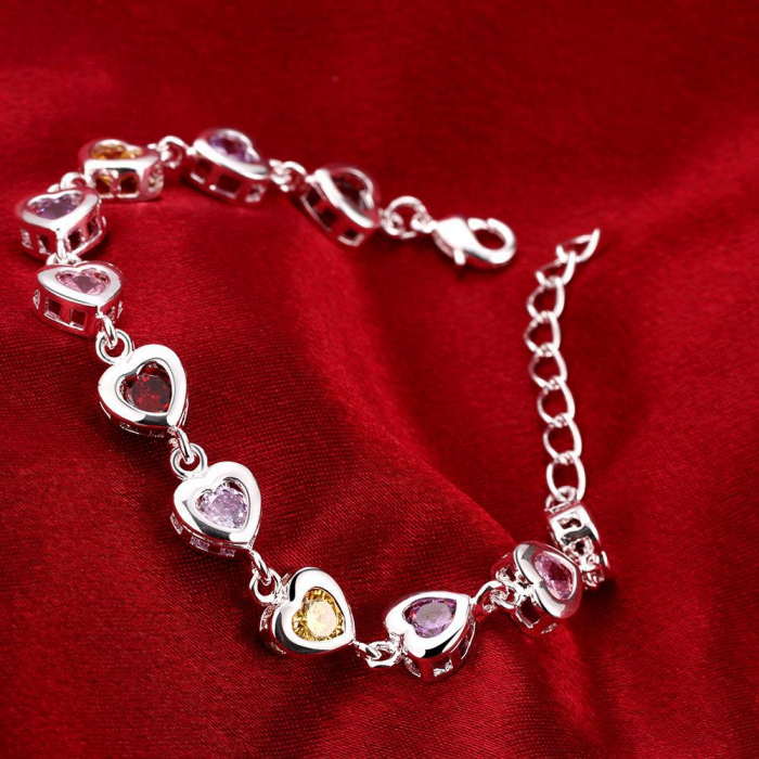 Bratara de dama eleganta, model in forma de inimioare cu pietre ziconiu cu efect de Safir diferite culori, marime reglabila, placat cu argint 925, Tessero, argintiu [3]