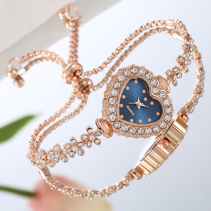 Bratara de dama in forma de floricele din zirconiu, model cu ceas quartz analog, marime reglabila, Tessero, rose gold [1]