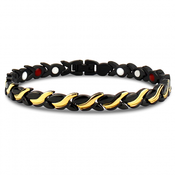 Bratara de dama magnetica si terapeutica pentru o stare de bine si protectie, antidepresie, model in doua culori, otel inoxdaibil, placata cu aur 18K, Tessero, negru si auriu [1]
