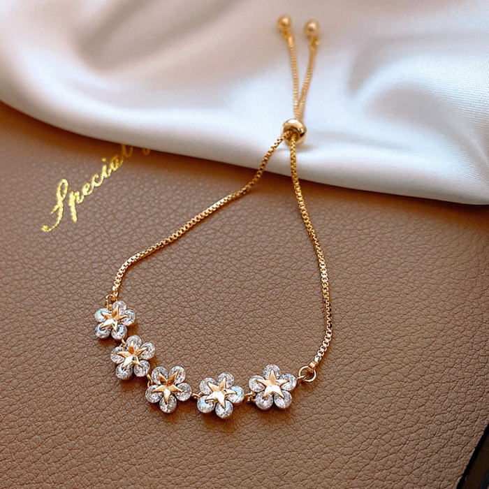 Bratara de dama, model in forma de floare si stelute, marime reglabila, placat cu aur 18K, pietre zirconiu, Tessero, auriu [2]