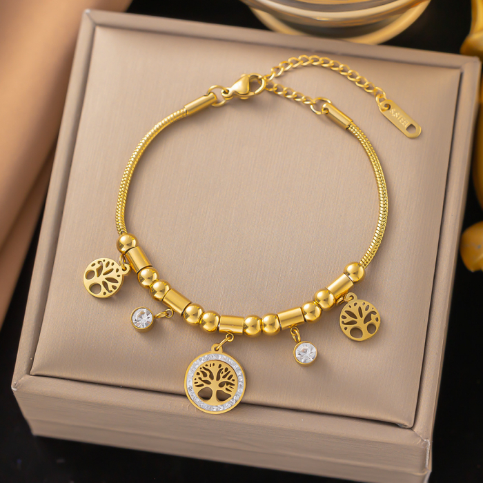 Bratara de dama model Snake cu charm-uri, copacul vietii, pietre zirconiu, placat cu aur 18K, marime reglabila, Tessero, auriu [1]