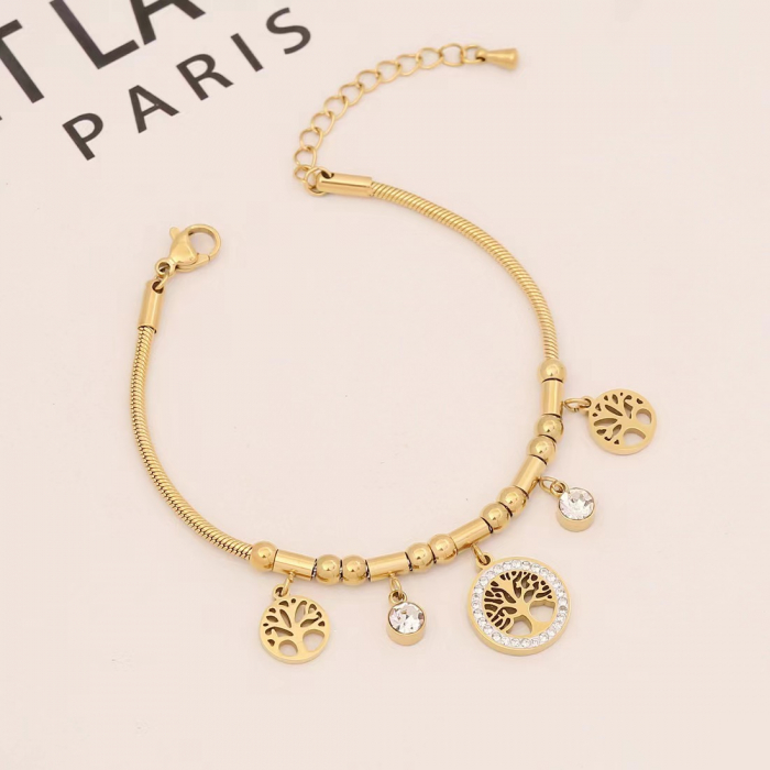 Bratara de dama model Snake cu charm-uri, copacul vietii, pietre zirconiu, placat cu aur 18K, marime reglabila, Tessero, auriu [2]