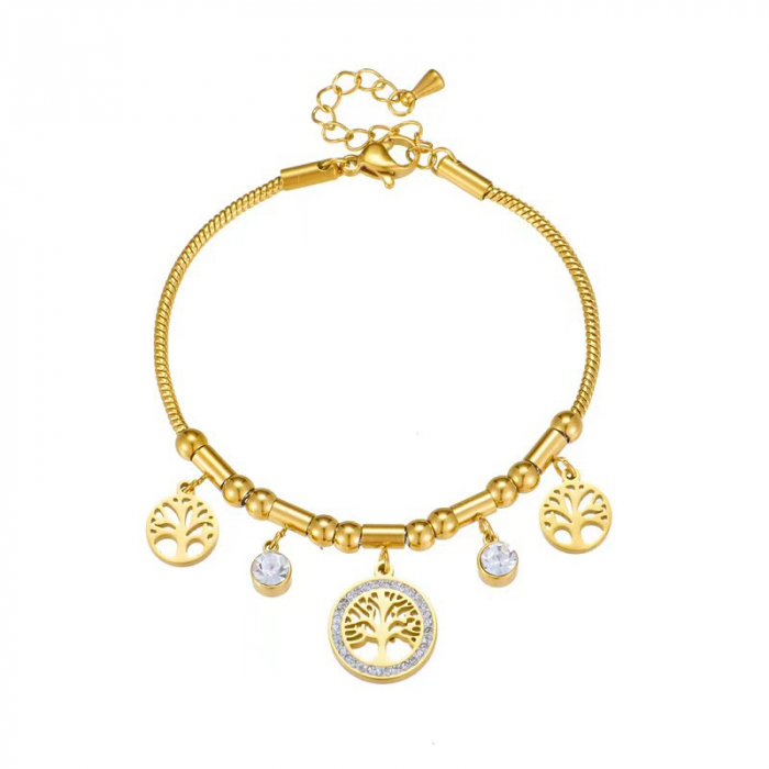 Bratara de dama model Snake cu charm-uri, copacul vietii, pietre zirconiu, placat cu aur 18K, marime reglabila, Tessero, auriu [3]