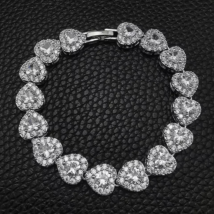 Bratara de dama model tip Tennis, pietre zirconiu in forma de inima, placat cu aur 18K, Tessero, inchidere clips. argintiu [2]