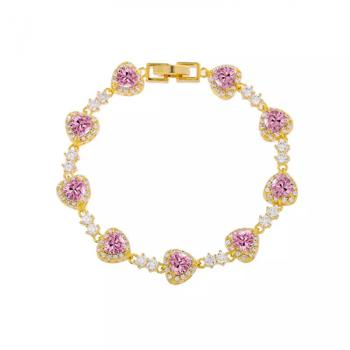 Bratara de dama model tip Tennis, pietre zirconiu in forma de inima, placat cu aur 18K, Tessero, inchidere clips. auriu si roz [1]