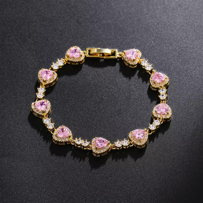 Bratara de dama model tip Tennis, pietre zirconiu in forma de inima, placat cu aur 18K, Tessero, inchidere clips. auriu si roz [2]