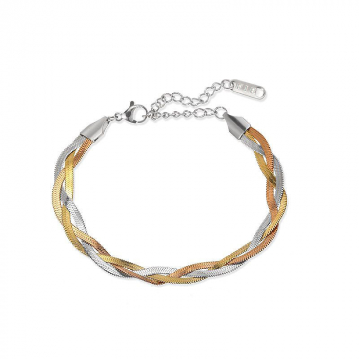Bratara de dama Snake Chain din otel inoxidabil, model impletit in 3 culori, placat cu aur 18K, marime reglabila prin extensie, Tessero, multicolor [3]