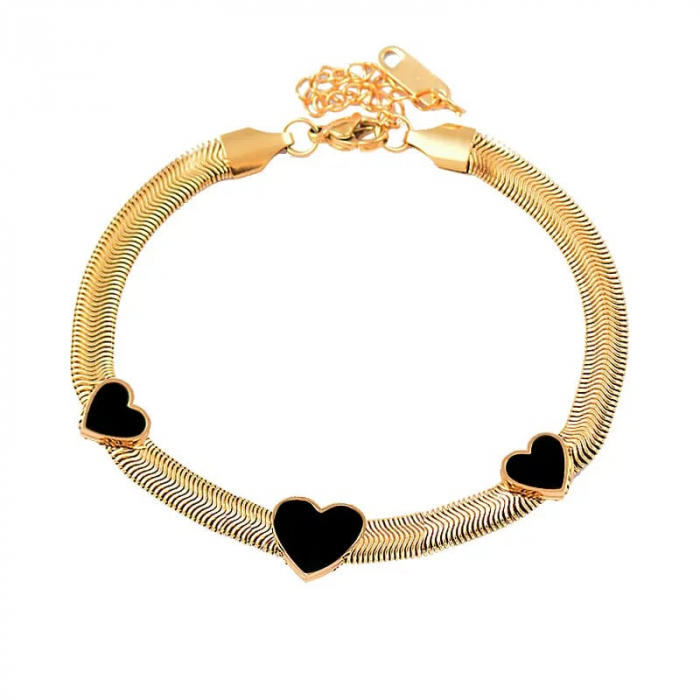 Bratara de dama Snake Chain, model in forma de inimioare, otel inoxidabil placat cu aur 18K, marime reglabila, 18cm+5cm extensie, Tessero, auriu si negru [1]