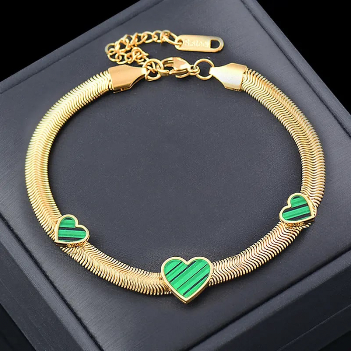 Bratara de dama Snake Chain, model in forma de inimioare, otel inoxidabil placat cu aur 18K, marime reglabila, 18cm+5cm extensie, Tessero, auriu si verde [1]