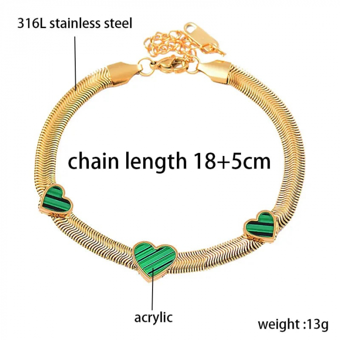 Bratara de dama Snake Chain, model in forma de inimioare, otel inoxidabil placat cu aur 18K, marime reglabila, 18cm+5cm extensie, Tessero, auriu si verde [4]