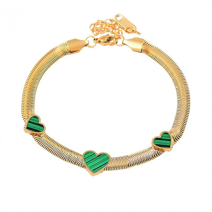 Bratara de dama Snake Chain, model in forma de inimioare, otel inoxidabil placat cu aur 18K, marime reglabila, 18cm+5cm extensie, Tessero, auriu si verde [3]