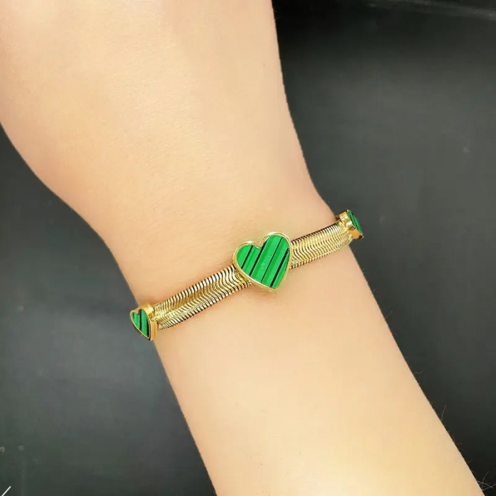 Bratara de dama Snake Chain, model in forma de inimioare, otel inoxidabil placat cu aur 18K, marime reglabila, 18cm+5cm extensie, Tessero, auriu si verde [2]