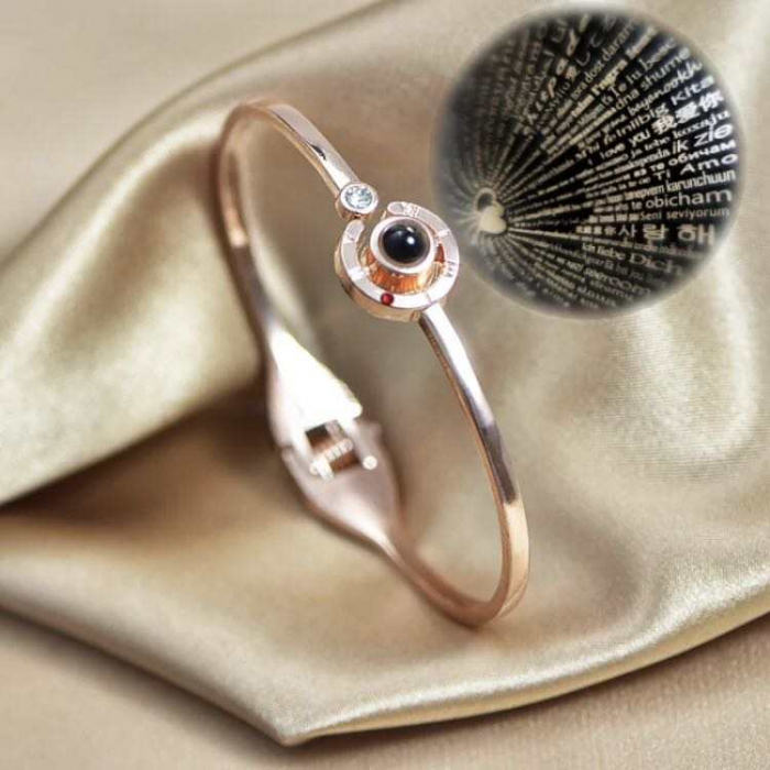 Bratara de dama tip Bangle fixa cu proiectie " Te iubesc " in 100 de limbi diferite, placat cu aur 18K, otel inoxidabil, rose gold [2]