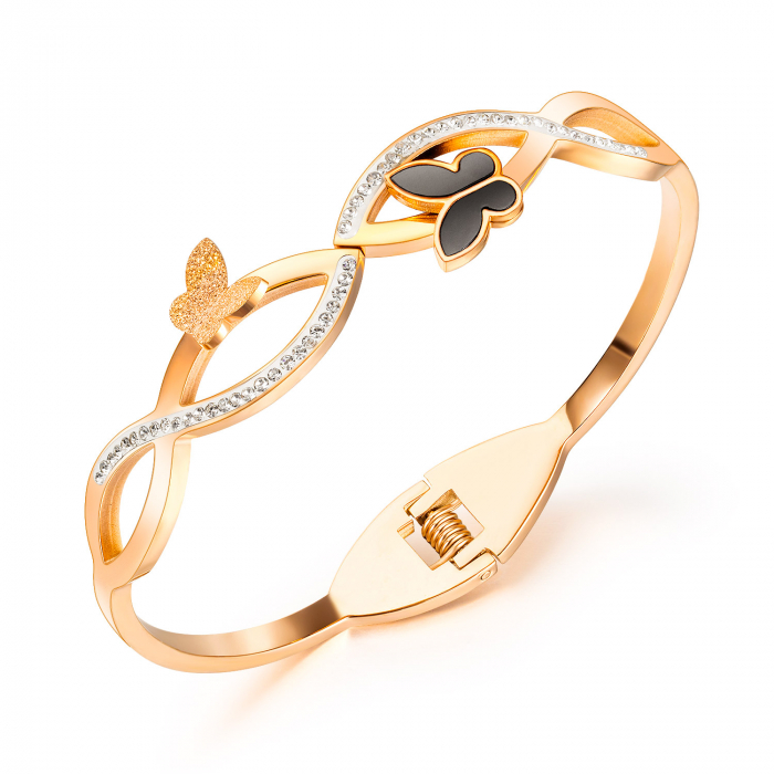 Bratara de dama tip Bangle fixa din otel inoxidabil, model cu fluturi, pietre zirconiu, placat cu aur, rose gold [1]
