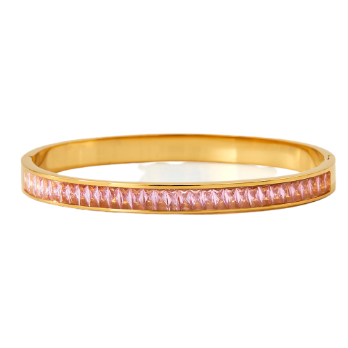 Bratara de dama tip Bangle fixa, model cristale cu efect de Sapphire, pietre zirconiu, otel inoxidabil, inchidere cu magnet, placat cu aur 18K, Tessero, auriu si roz [1]