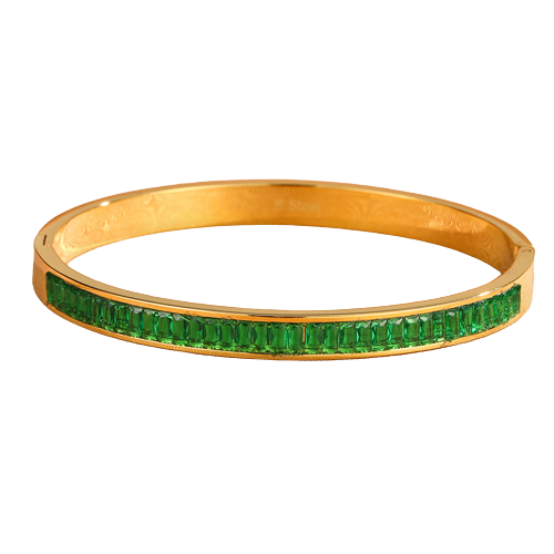 Bratara de dama tip Bangle fixa, model cristale cu efect de Sapphire, pietre zirconiu, otel inoxidabil, inchidere cu magnet, placat cu aur 18K, Tessero, auriu si verde [1]